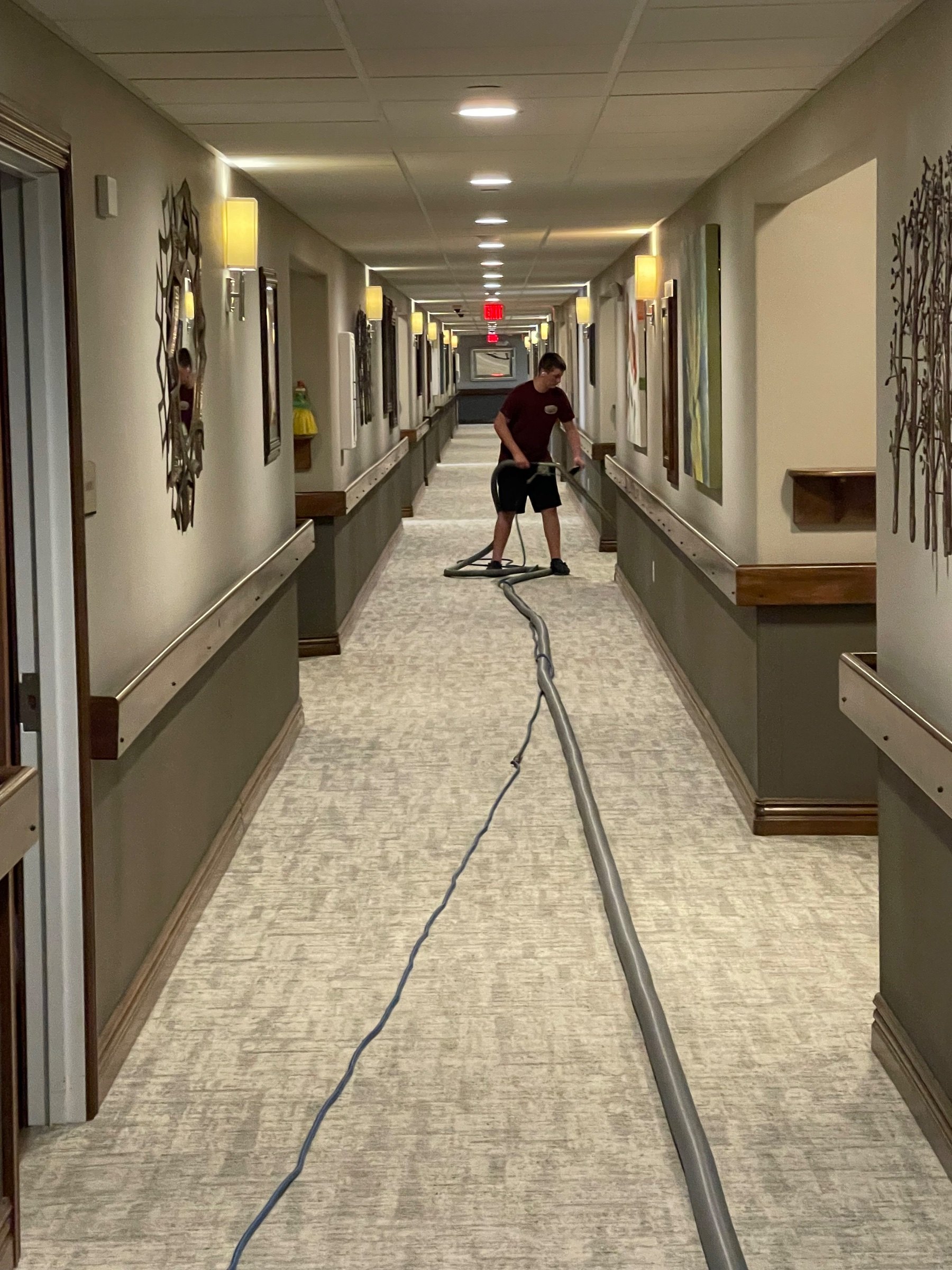 A care-home corridor, hose run out by Sennings Cleaning Services, Inc. Springfield